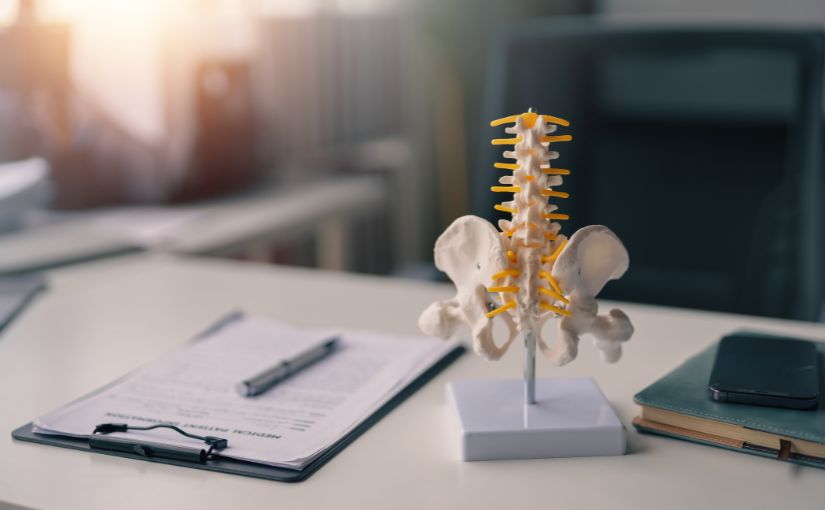 Desk with model of spine